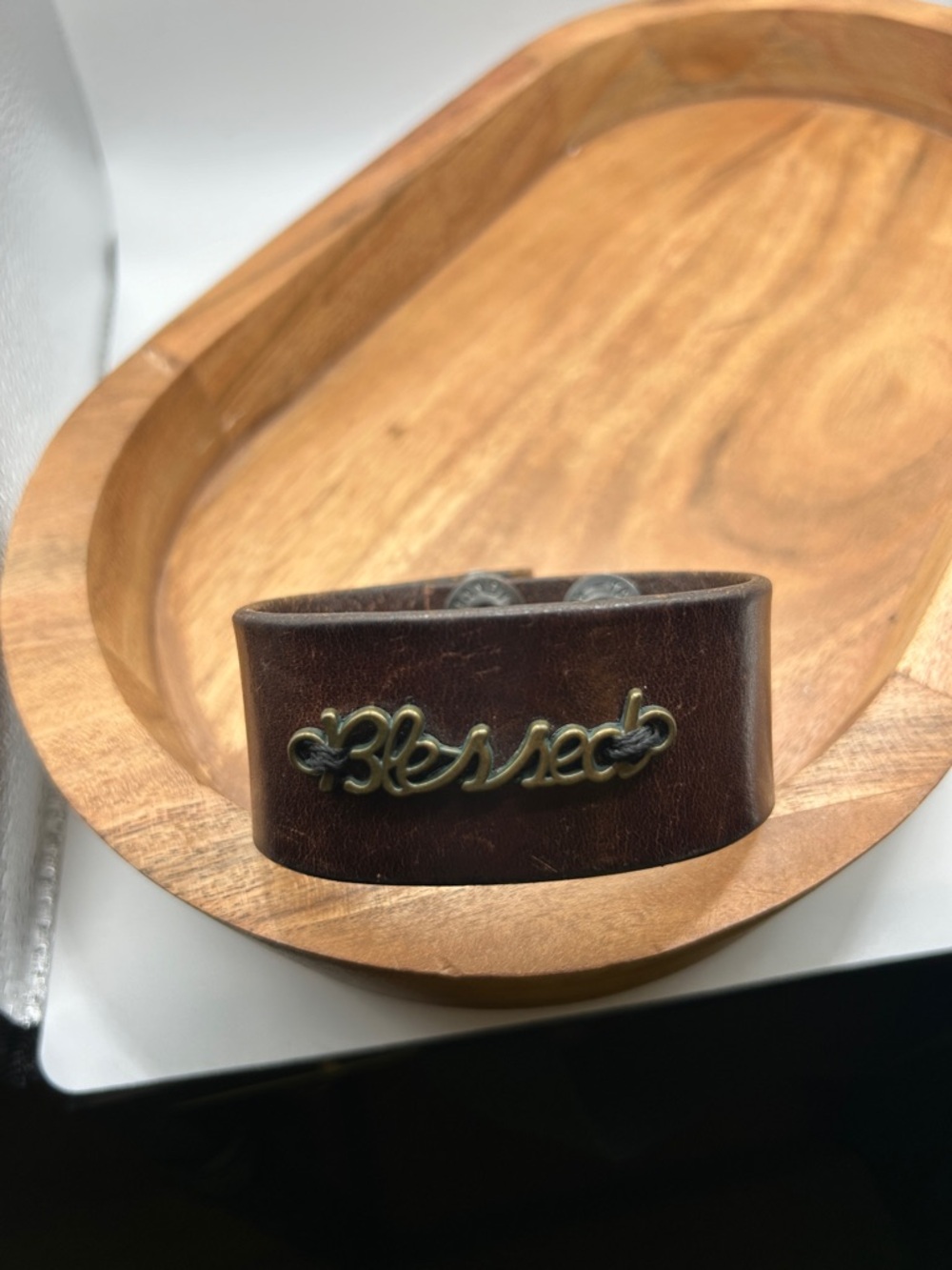 Brown Leather 'Blessed' Cuff Bracelet - Statement Accessory - Picture 1 of 3